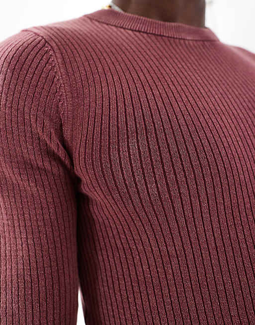 Asos Design Washed Knit Muscle Ribbed Crew Neck Sweater In Burgundy