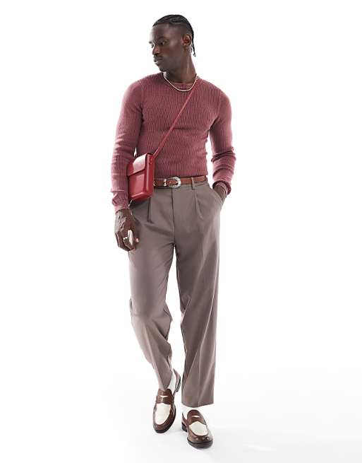 Asos Design Washed Knit Muscle Ribbed Crew Neck Sweater In Burgundy