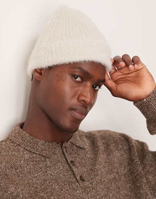 Asos Design Fluffy Beanie In Stone