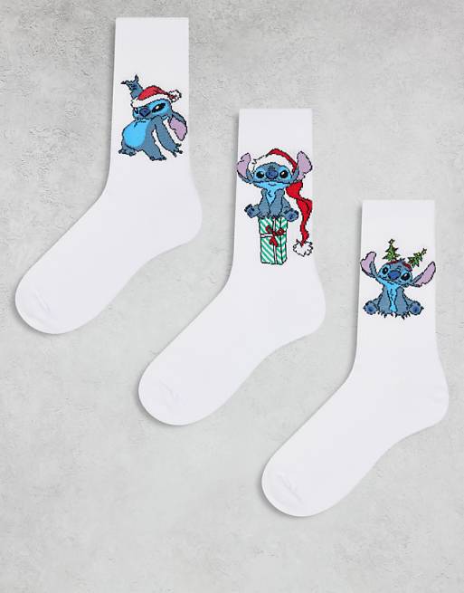 Men ASOS DESIGN 3 pack Disney christmas Stitch socks in ecru