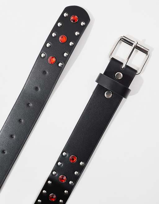 Asos Design Faux Leather Belt With Red Crystals And Studs In Black
