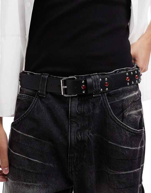 Asos Design Faux Leather Belt With Red Crystals And Studs In Black