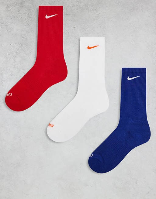 Men Nike Training Everyday Plus Cushioned 3 pack crew socks in red, white and blue