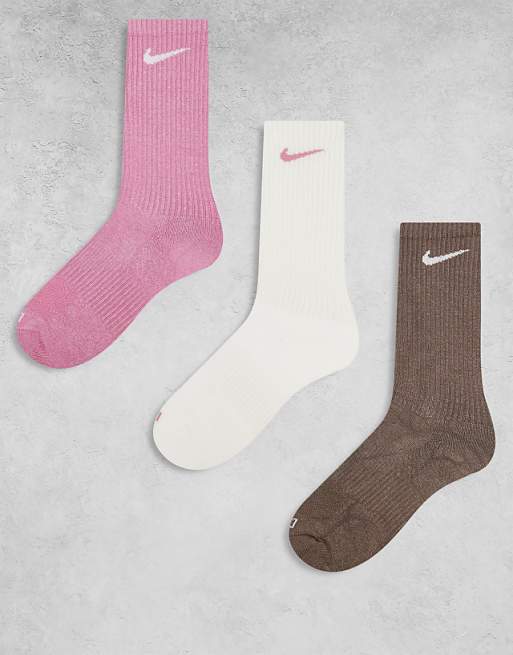 Men Nike Training Everyday Plus Cushioned 3 pack crew socks in pink and white