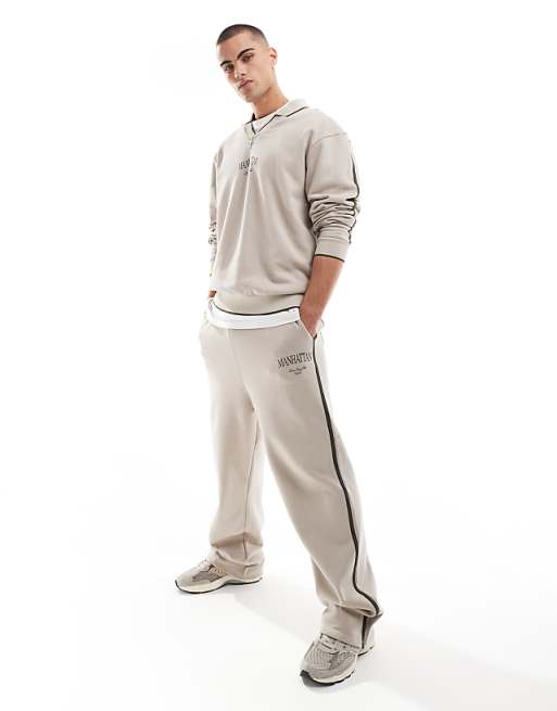 Trousers Asos Design Wide Leg With Side Taping And City Print In Stone - Part Of A Set