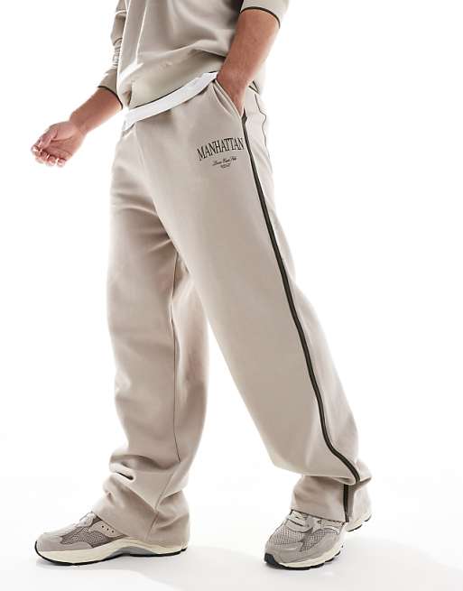 Trousers Asos Design Wide Leg With Side Taping And City Print In Stone - Part Of A Set