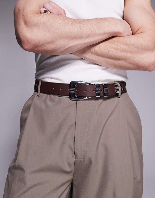 Asos Design Western Belt With Studs And Stitching Details In Brown Faux Leather