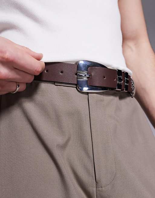 Asos Design Western Belt With Studs And Stitching Details In Brown Faux Leather