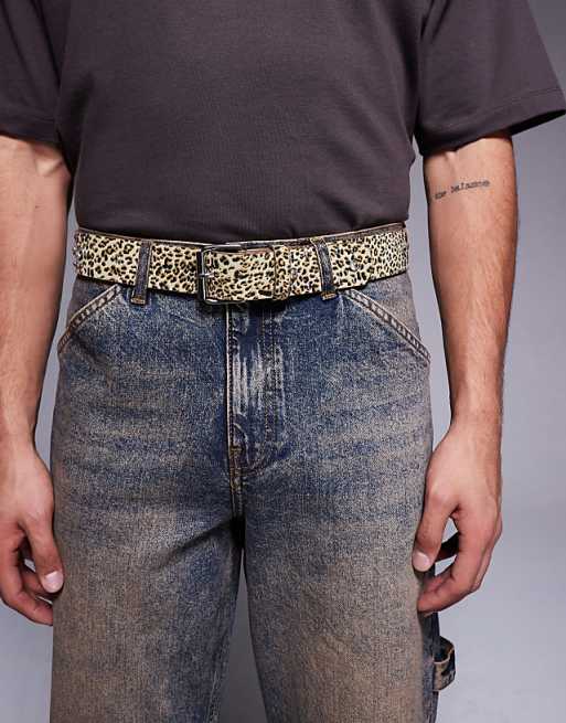 Asos Design Faux Leather Leopard Print Belt With Diamante Studs In Beige