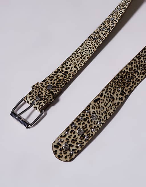 Asos Design Faux Leather Leopard Print Belt With Diamante Studs In Beige
