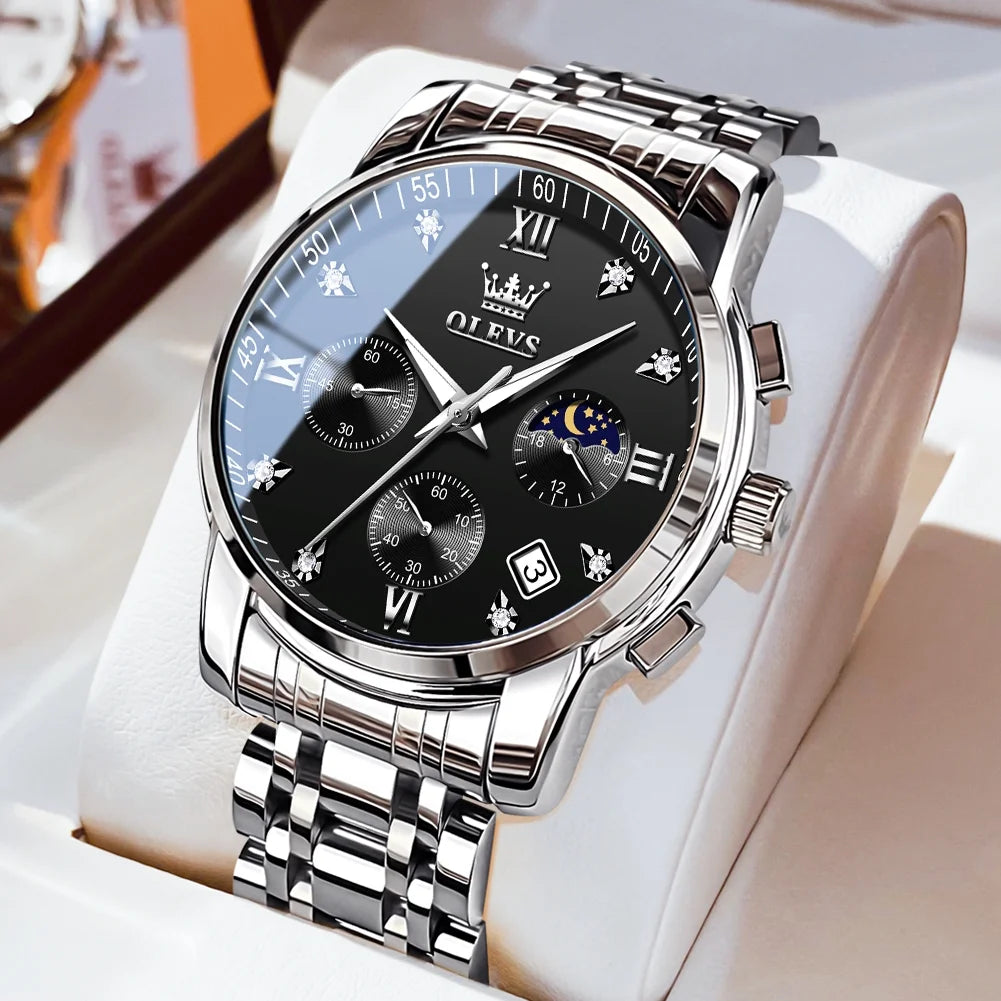 OLEVS Watches for Men, Mens Watches Gifts for Men Chronograph Analog Quartz Luxury Casual Classic Diamond Waterproof Luminous Stainless Steel Reloj para Hombre Black Dial