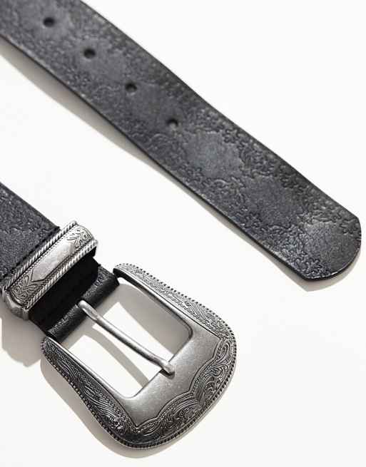 Asos Design Faux Leather Western Belt With Embossing In Black