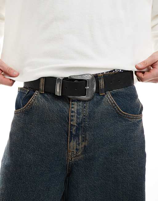 Asos Design Faux Leather Western Belt With Embossing In Black