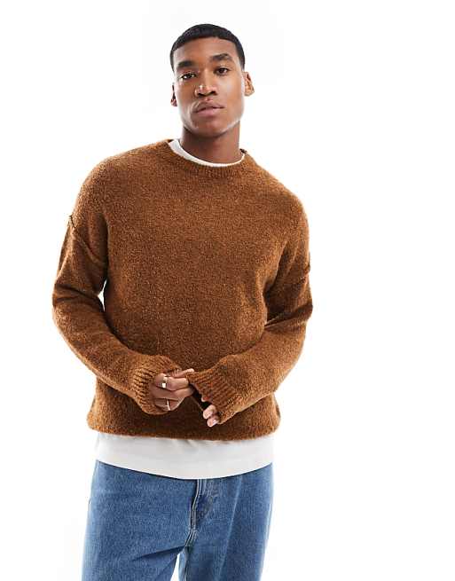Asos Design Relaxed Lightweight Textured Texture Knit Crew Neck Sweater In Rust
