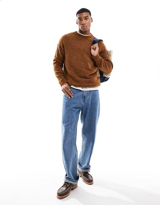 Asos Design Relaxed Lightweight Textured Texture Knit Crew Neck Sweater In Rust