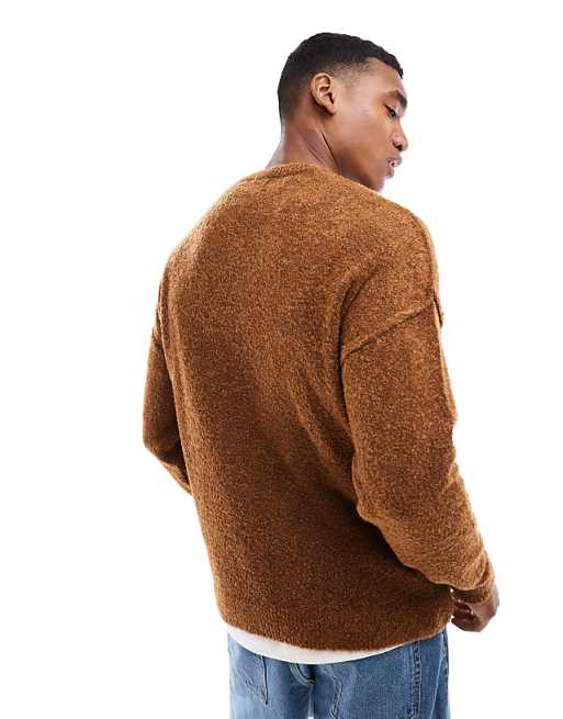 Asos Design Relaxed Lightweight Textured Texture Knit Crew Neck Sweater In Rust
