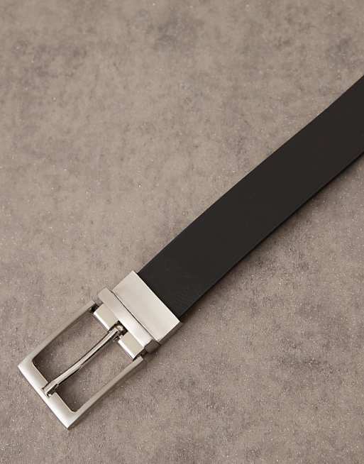 Asos Design Faux Leather Reversible Belt With Silver Buckle In Brown And Black