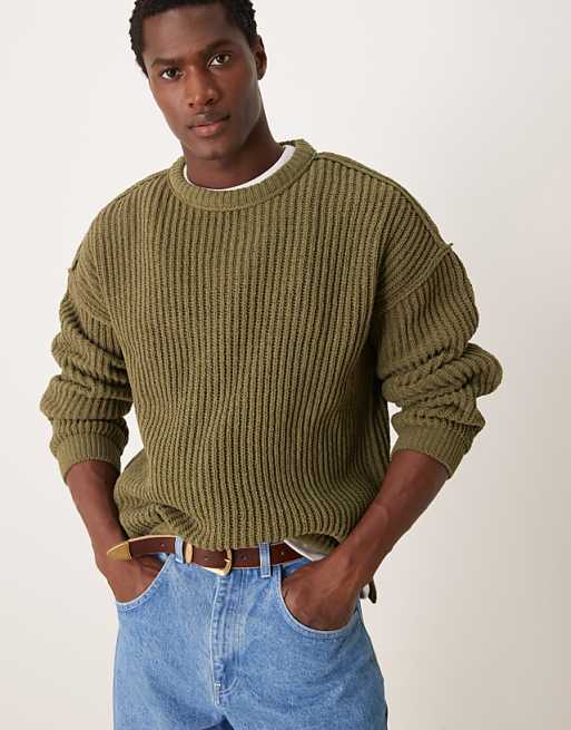 Asos Design Relaxed Chenille Crew Neck Rib Knit Sweater In Olive