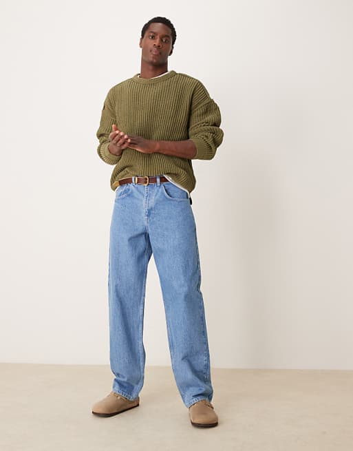 Asos Design Relaxed Chenille Crew Neck Rib Knit Sweater In Olive