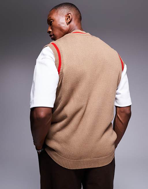 Asos Design Knit Sleeveless Cardigan With Chest Embroidery In Stone With Red Tipping