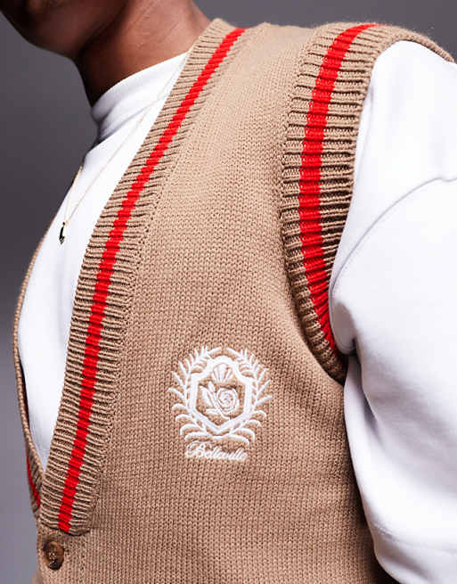 Asos Design Knit Sleeveless Cardigan With Chest Embroidery In Stone With Red Tipping