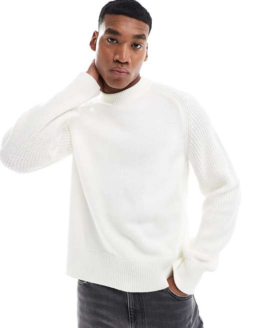 Asos Design Relaxed Boxy Knit Sweater With Ribbed Sleeves In Ecru