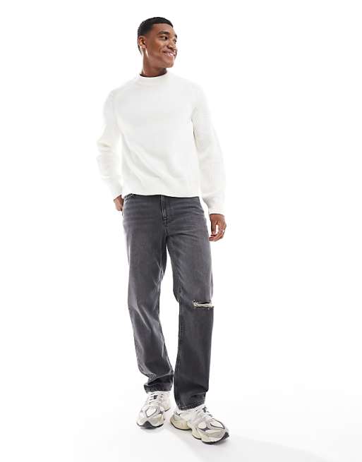 Asos Design Relaxed Boxy Knit Sweater With Ribbed Sleeves In Ecru