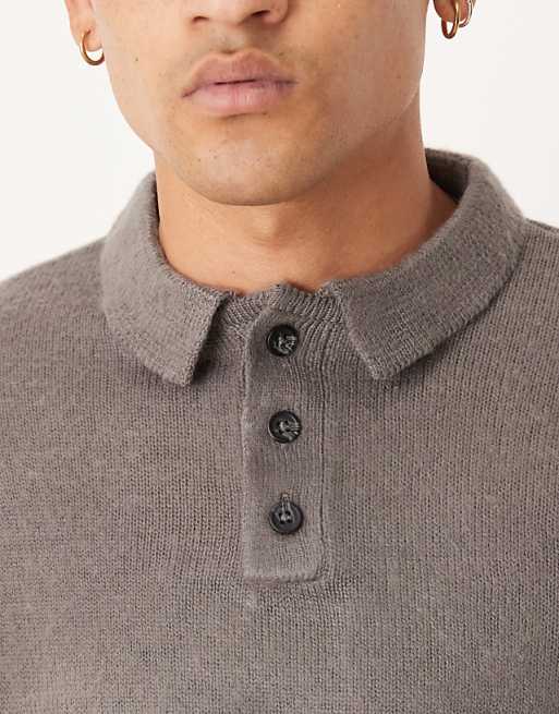 Asos Design Brushed Texture Knit Oversized Boxy Fit Polo Sweater In Gray