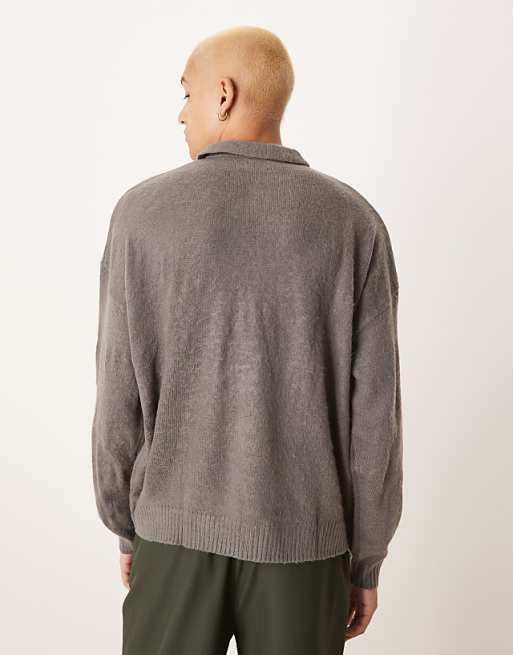 Asos Design Brushed Texture Knit Oversized Boxy Fit Polo Sweater In Gray
