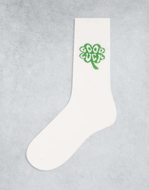 Men ASOS DESIGN socks with lucky clover embroidery in white