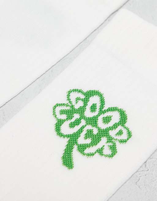 Men ASOS DESIGN socks with lucky clover embroidery in white