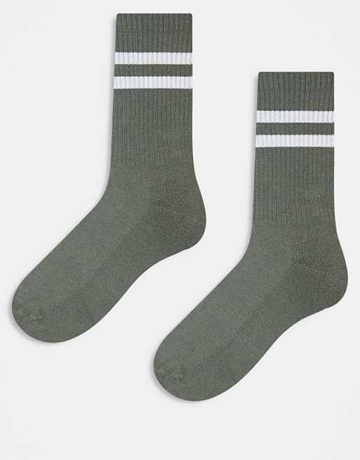 Men ASOS DESIGN 2 pack socks with white stripes in khaki