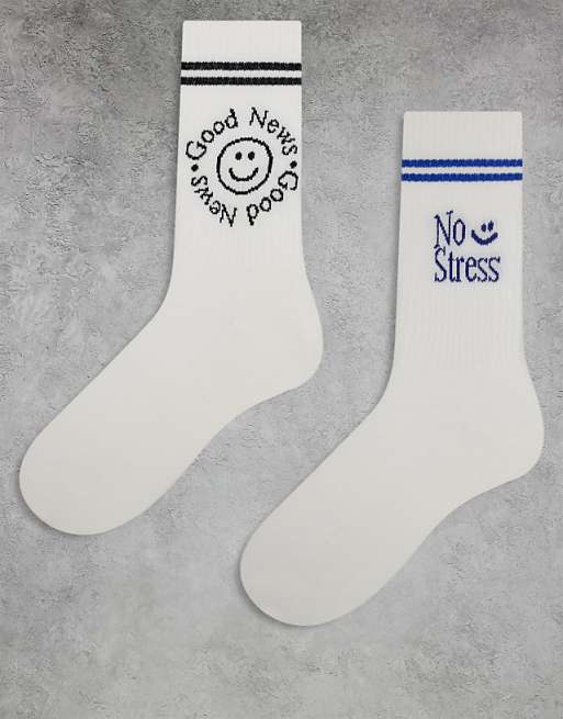 Men ASOS DESIGN 2-pack socks with No Stress artwork in white