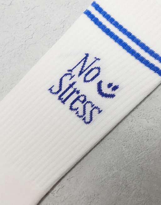Men ASOS DESIGN 2-pack socks with No Stress artwork in white