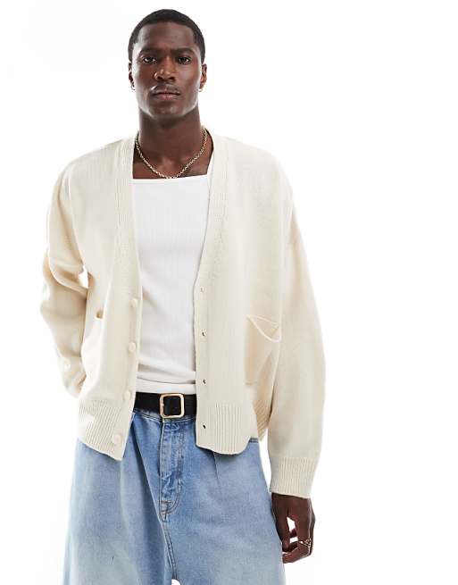 Asos Design Oversized Knitted Boxy Cardigan Sweater In Ecru