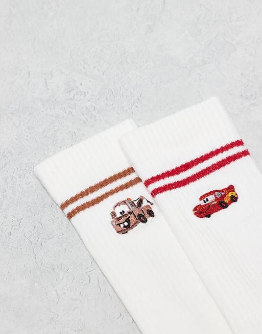 Men ASOS DESIGN 2 pack Disney Mater and Mcqueen embroidery socks in white