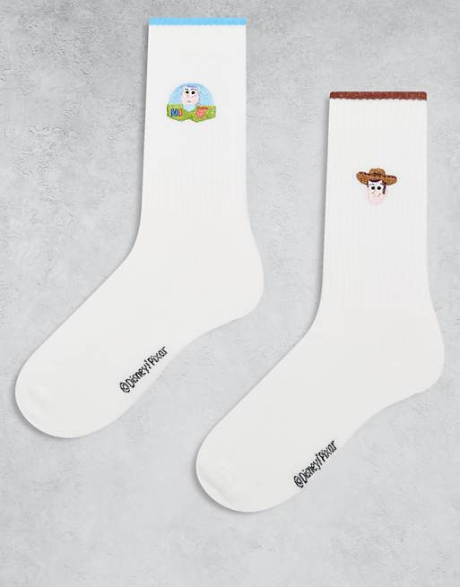 Men ASOS DESIGN 2 pack Disney Woody and Buzz embroidery sock in white