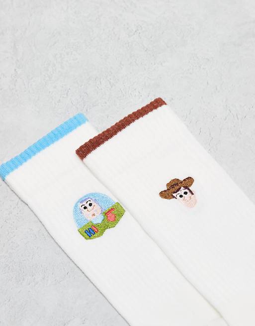 Men ASOS DESIGN 2 pack Disney Woody and Buzz embroidery sock in white