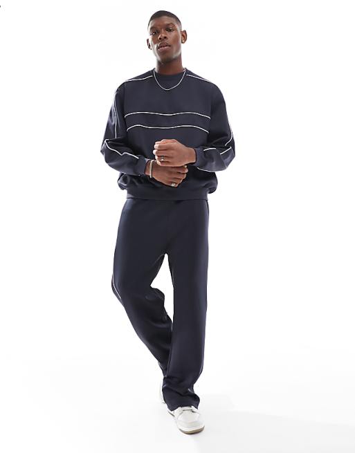 Trousers Asos Design Wide Leg Scuba With Piping In Navy