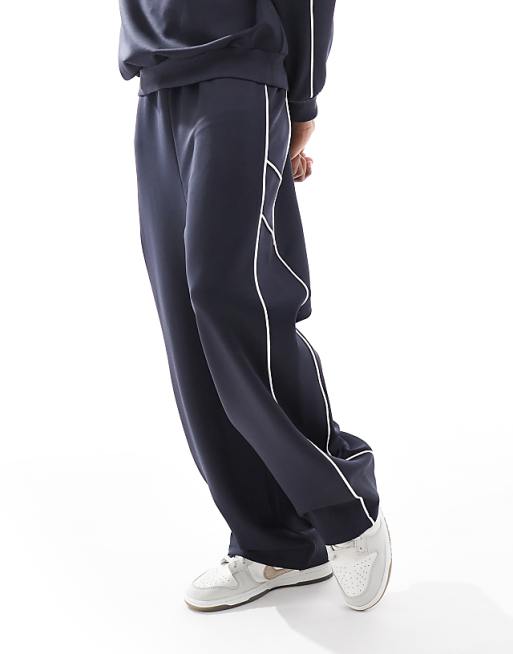 Trousers Asos Design Wide Leg Scuba With Piping In Navy