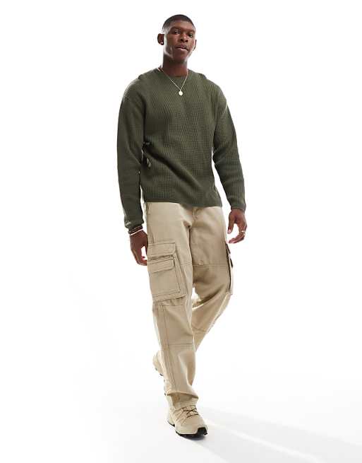 Pull&bear Ribbed Knit Sweater In Khaki