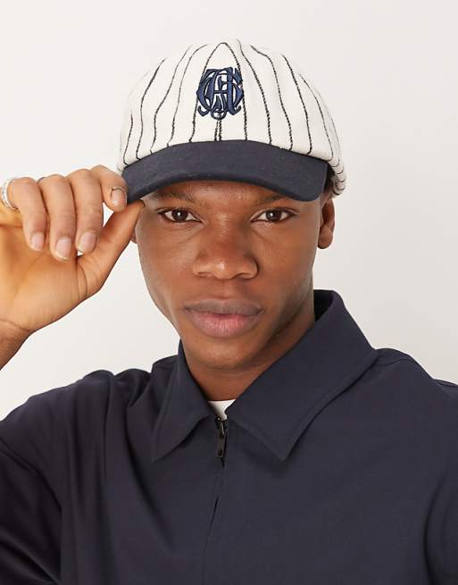 Asos Design Melton Baseball Cap With Embroidery And Stripes In Ecru And Navy
