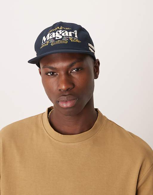 Asos Design Flat Peak Cap With Graphic In Navy