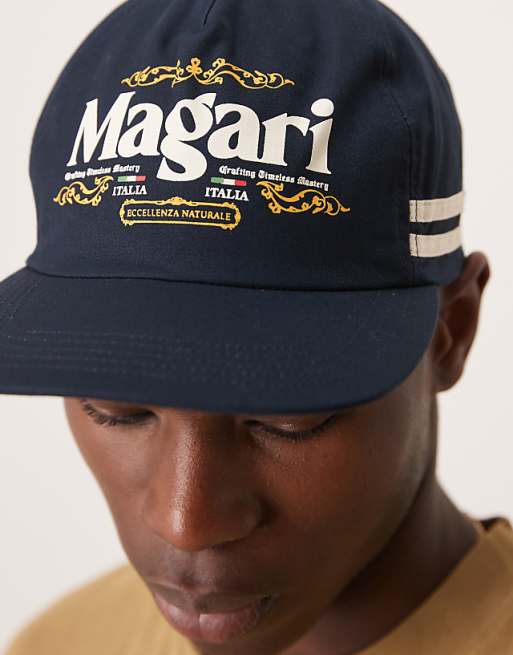 Asos Design Flat Peak Cap With Graphic In Navy