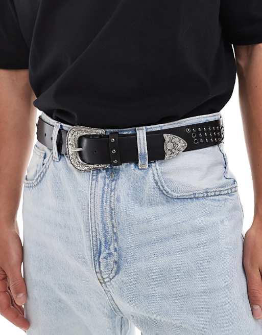 Asos Design Western Belt With Studs And Black Crystal Detailing In Black Faux Leather