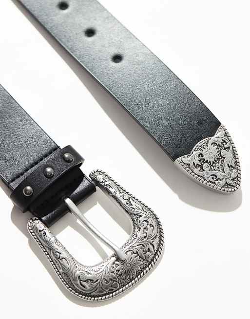 Asos Design Western Belt With Studs And Black Crystal Detailing In Black Faux Leather