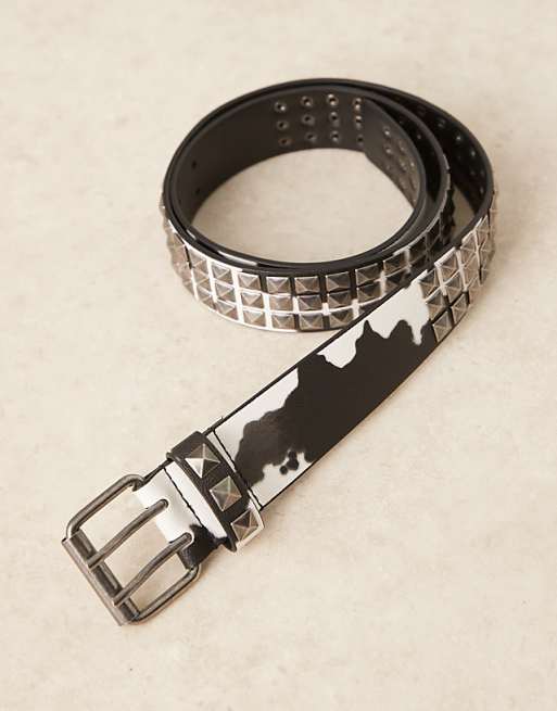 Asos Design Studded Belt With Cow Print In Faux Leather