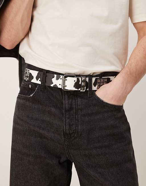 Asos Design Studded Belt With Cow Print In Faux Leather
