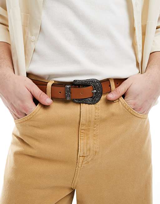 Asos Design Western Belt In Tan Faux Leather