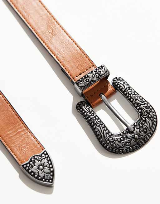 Asos Design Western Belt In Tan Faux Leather
